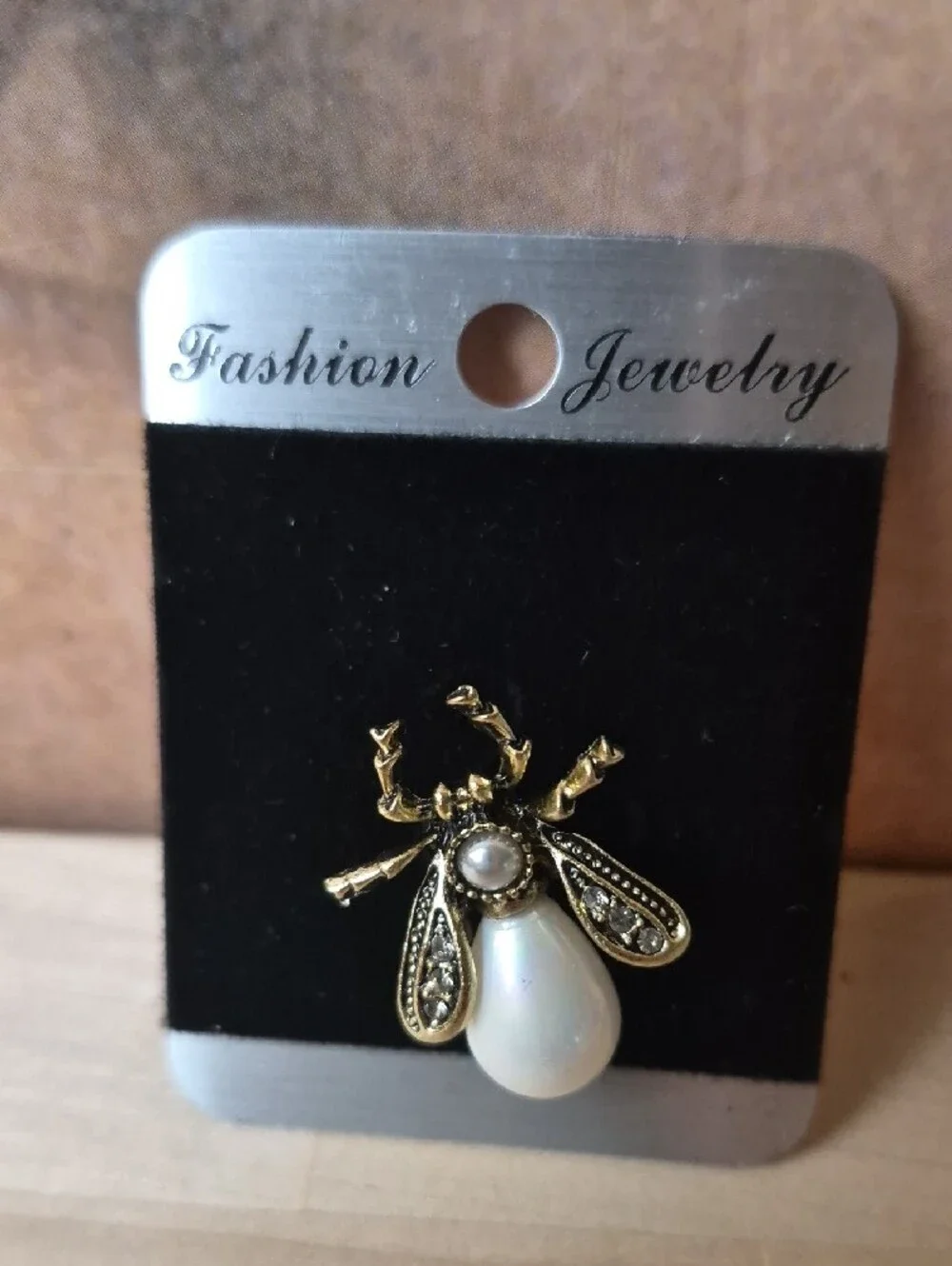 Fashion Jewelry Gold Bee Brooche with Red Enamel and Pearl Accents. Pair Earring